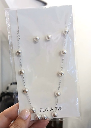 [AC3010] Conjunto Aros y Collar Esferas Plata Cadena Eslabones